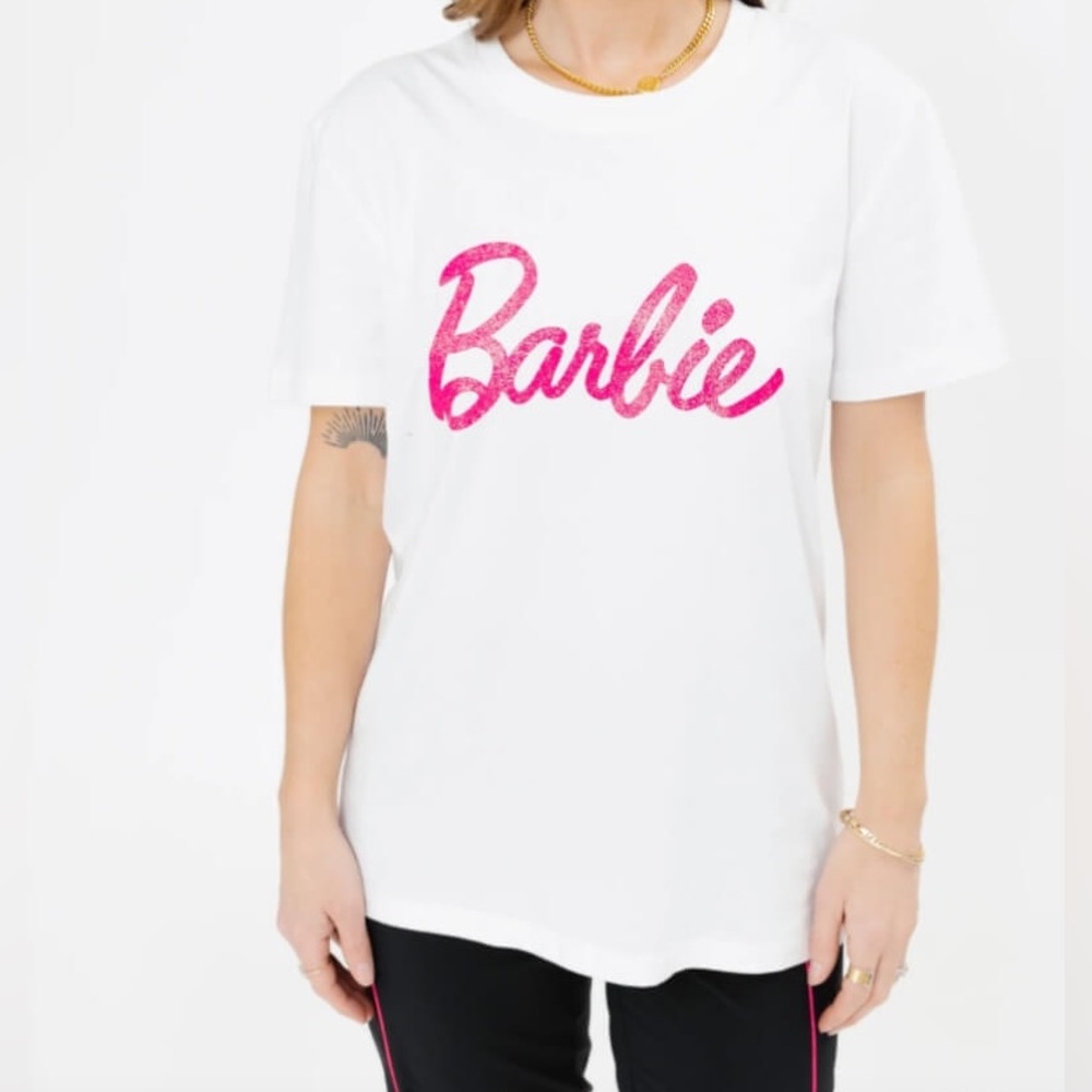 Smash + Tess x Barbie White Tee with Pink Barbie Logo